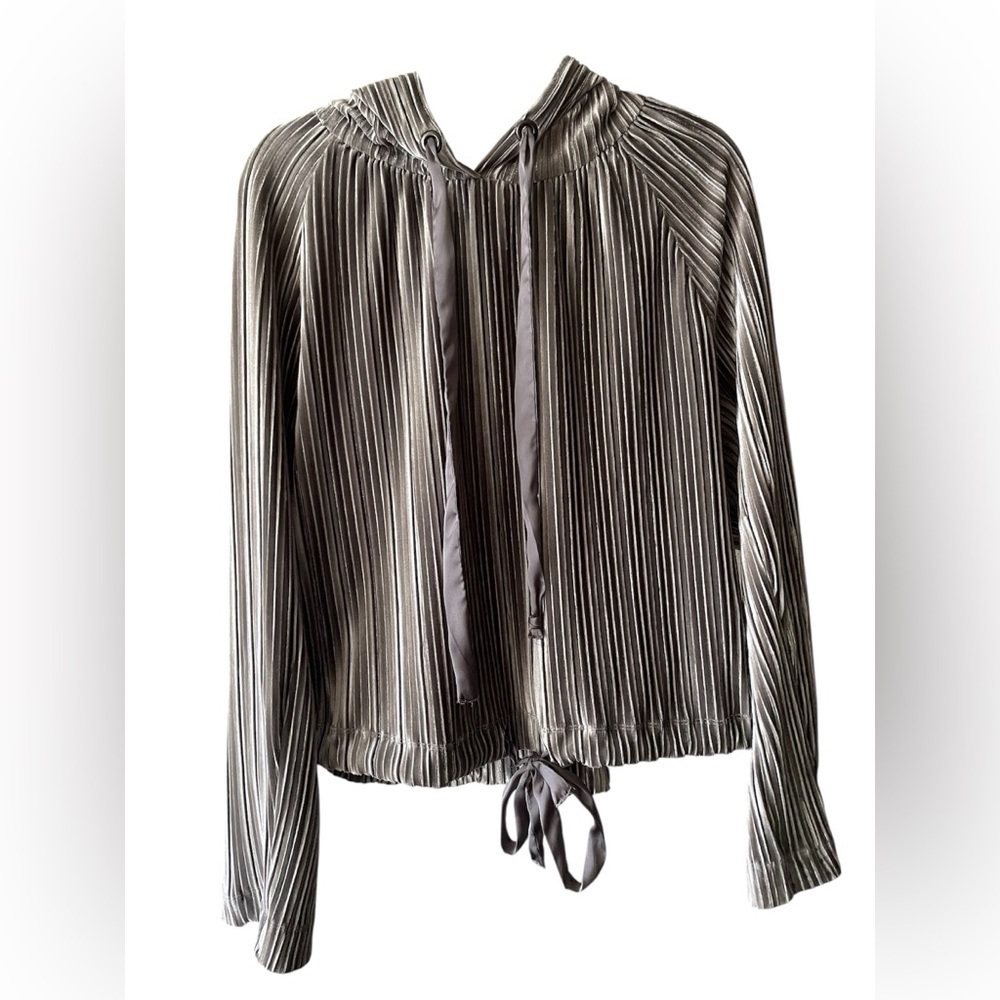 Rachel Roy Silver Pleated Velvet Hoodie with Tie Ribbon Details Size Small